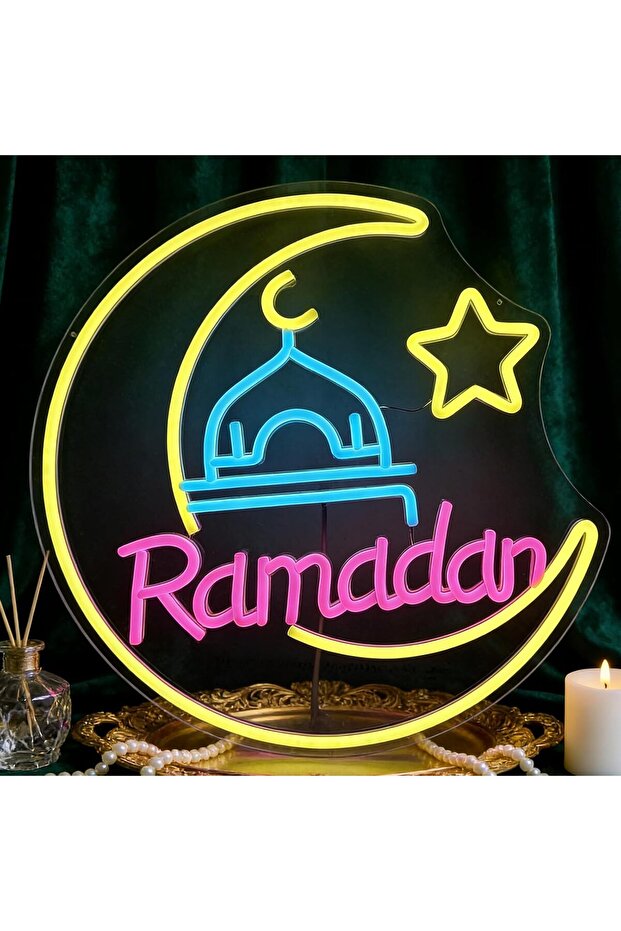 لافتة نيون مضيئة بتقنية LED للاحتفال برمضان، مقاس 38×30 سم، بقاعدة أكريليك 6 مم، قابلة لتعديل شدة الإضاءة