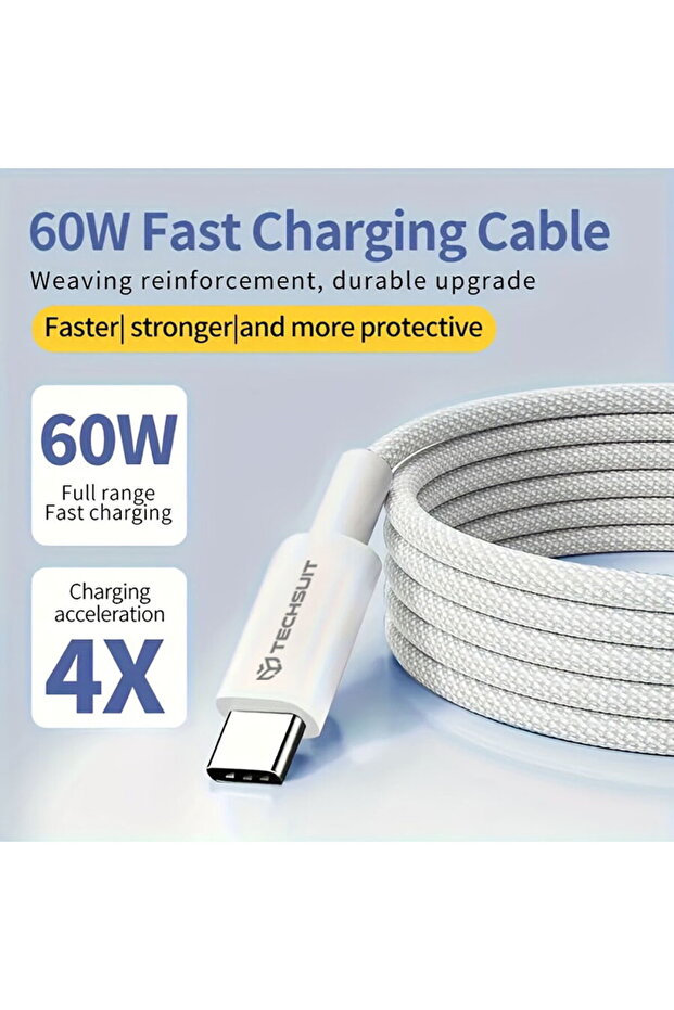 Type-C data cable for Apple, Android, PD60W, Super Fast Charging, 1m - (PCB114D) - White - 7