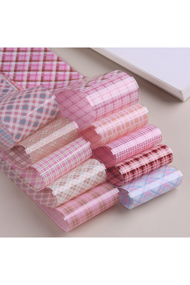 Light Khaki Pink Checkered Nail Transfer Paper, Cute Kawaii INS Style Ribbon Printed 10-Color Mixed