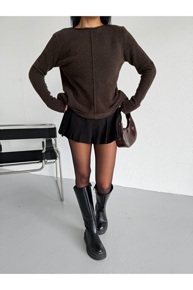 Wool Blend Boat Neck Basic Sweater - 1