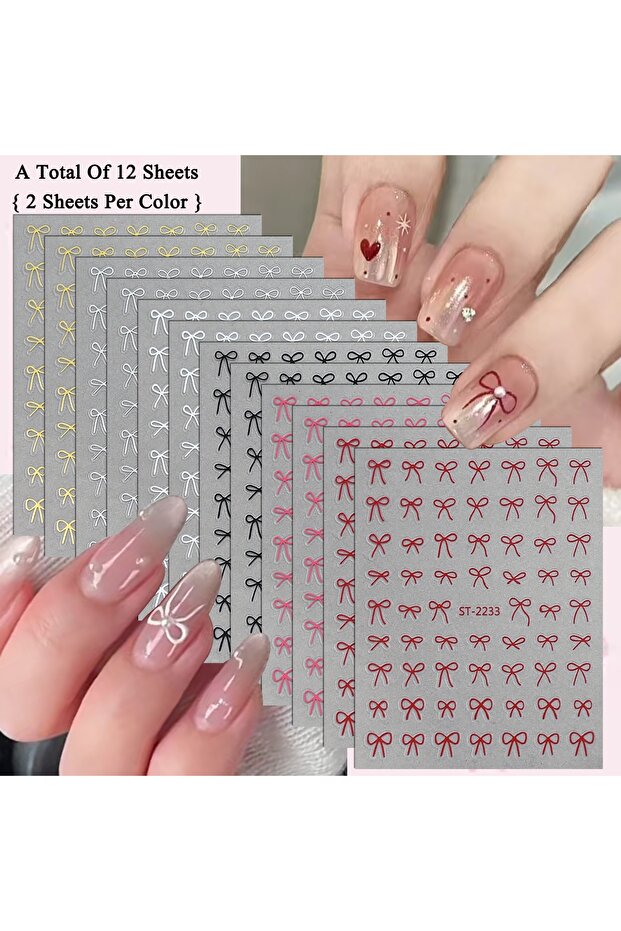 SetAA (12 Sheets) 2 to 30 Sheets 3D Bow Nail Art Stickers, Mini Ribbon Outline Decals, Transparent S