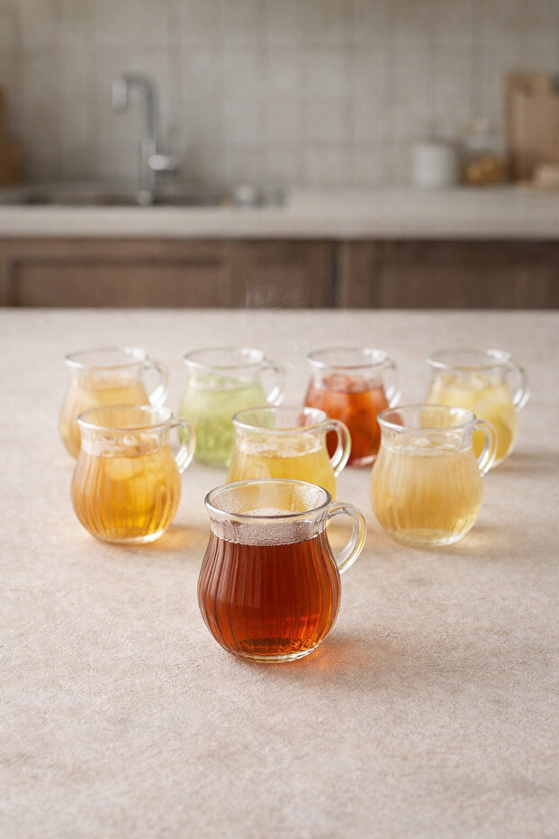 Set of 8 200 ml Borosilicate Glass Cups with Handles and Line Patterned Diamond Glass, Heat Resistant Transparent Kw-728