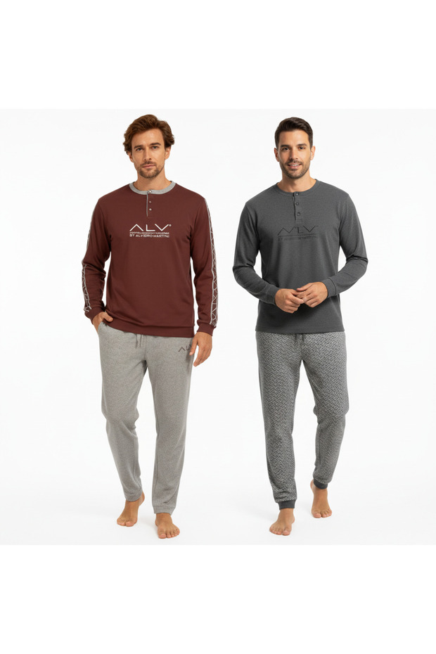 Men's Cotton Collared Buttoned Pocketed Gift Bundle and Dowry Set, 2 Pieces, 2-Piece Top and Bottom Pajama Set