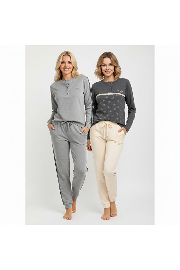 Women's Cotton Collared Buttoned Pocketed Gift Bundle and Dowry Set, 2 Pieces, 2-Piece Top and Bottom Pajama Set