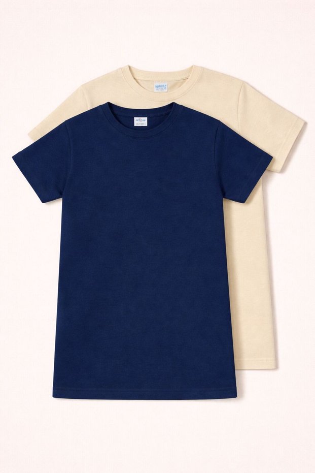 Unisex Children's Crew Neck Short Sleeve Standard Fit 2-Pack Dark Blue-Beige Color Children's T-Shirt