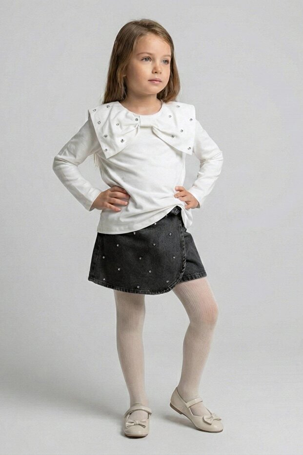 Girl Child 4-9 Years Old Stoned Bow Collar Denim Shorts Skirt Set Smoked