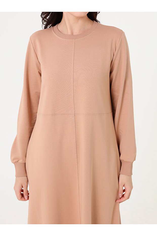 Cep Detaylı Basic Tesettür Elbise - Koyu Krem - - 3