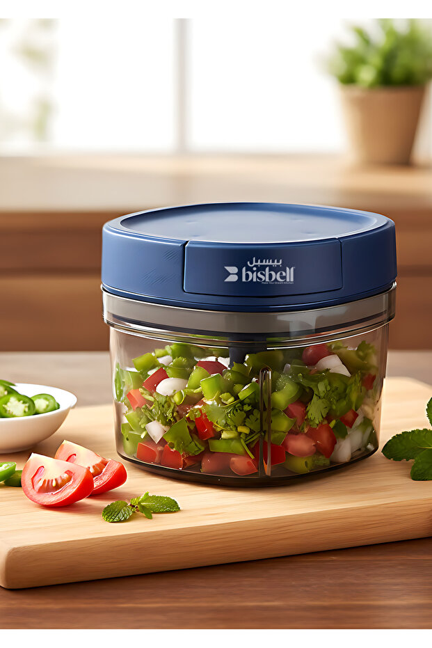 700ML Manual Push Chopper,3 Stainless Steel Blades Vegetable & Fruit Cutter, BPA-Free, Blue BB2072