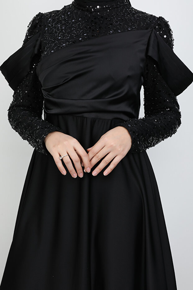 Kolu Drapeli Pullu Abiye Siyah - 3