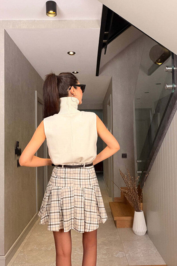 Bej Ekose Mini Şort Etek - 4