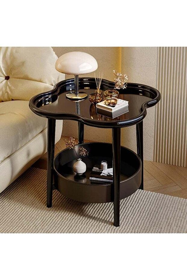 Space-Saving Round Side Table with Protective Tray Top, Open Storage Shelf, Strong Metal Structure,