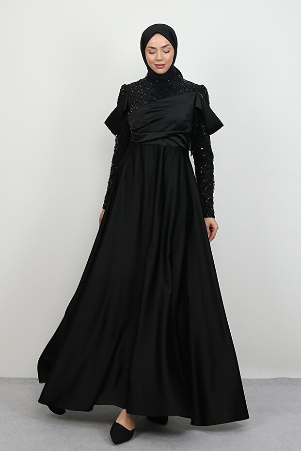 Kolu Drapeli Pullu Abiye Siyah - 2