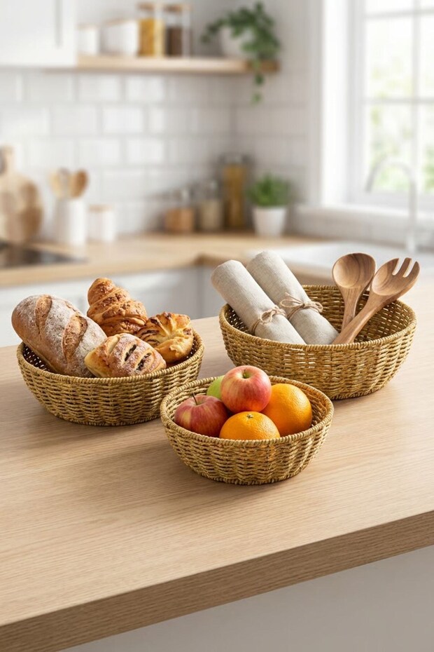 ® طقم أوعية بلاستيكية من الروطان مكون من 3 قطع - أوعية متداخلة بمظهر الخوص للعرض والتنظيم