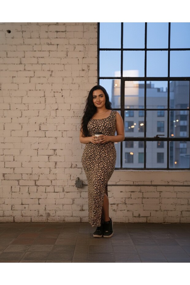 فستان ماكسي بفتحة رقبة مربعة ونقشة جلد الفهد - 1