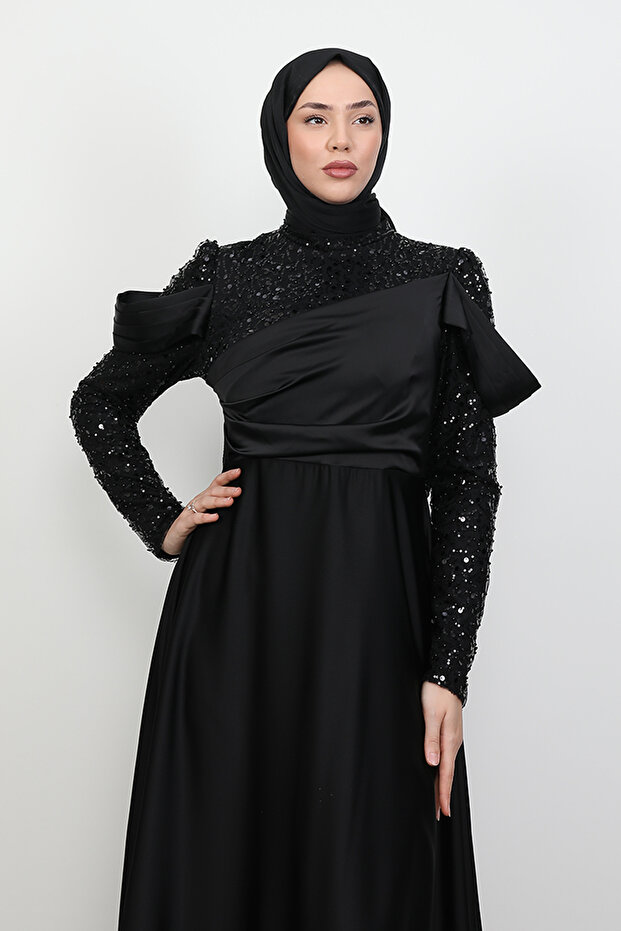 Kolu Drapeli Pullu Abiye Siyah - 5