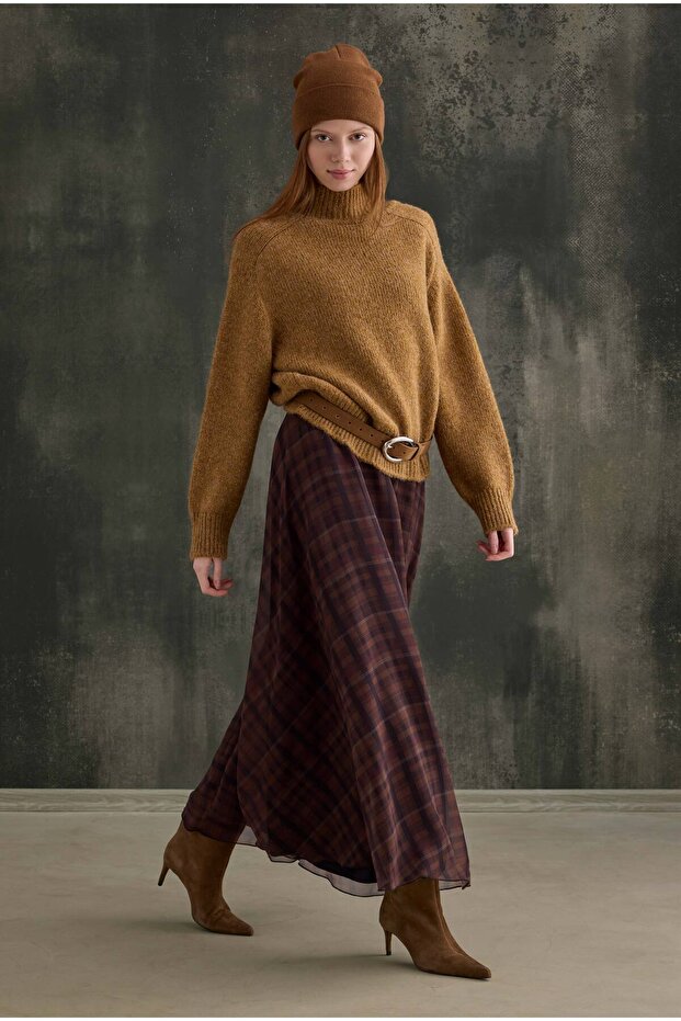 Şifon Ekose Etek Camel - 3