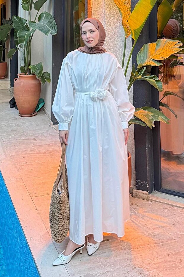 Pleated Poplin Dress White