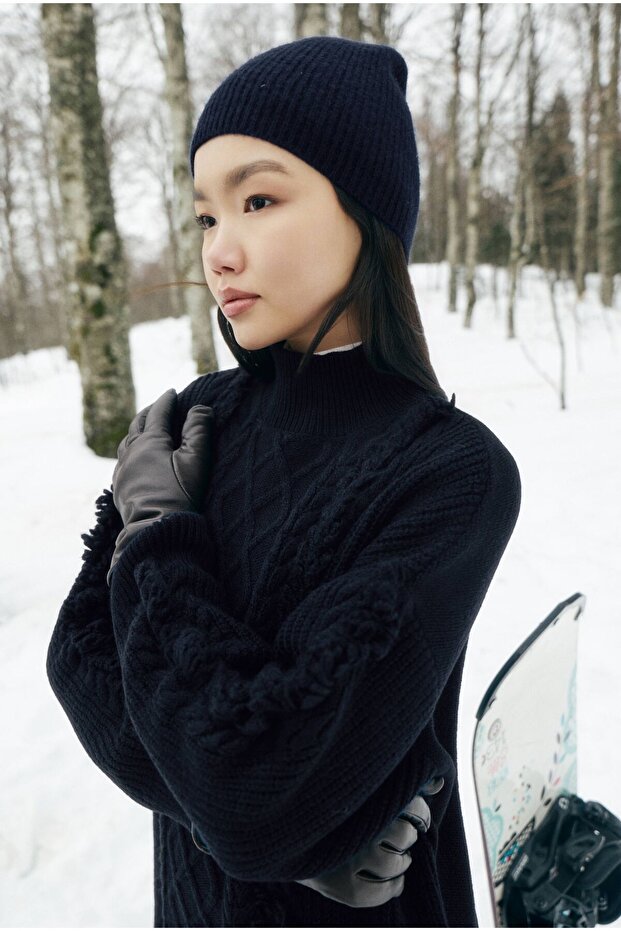 Püskül Detaylı Örme Kazak Lacivert - 2