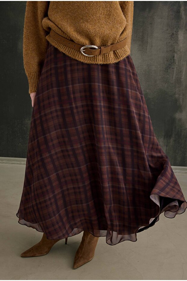 Şifon Ekose Etek Camel - 2