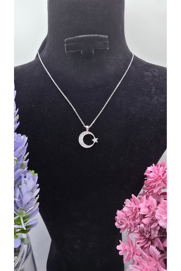 Moon Star Necklace with Zircon Stone, Silver Color, Sparkling Design, Non-Tarnish Steel Necklace Models - 45cm