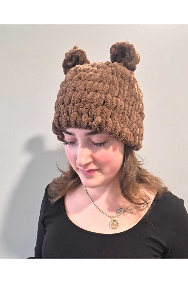 Puffy Brown Hand Knitted Beanie Balaclava with Headphones