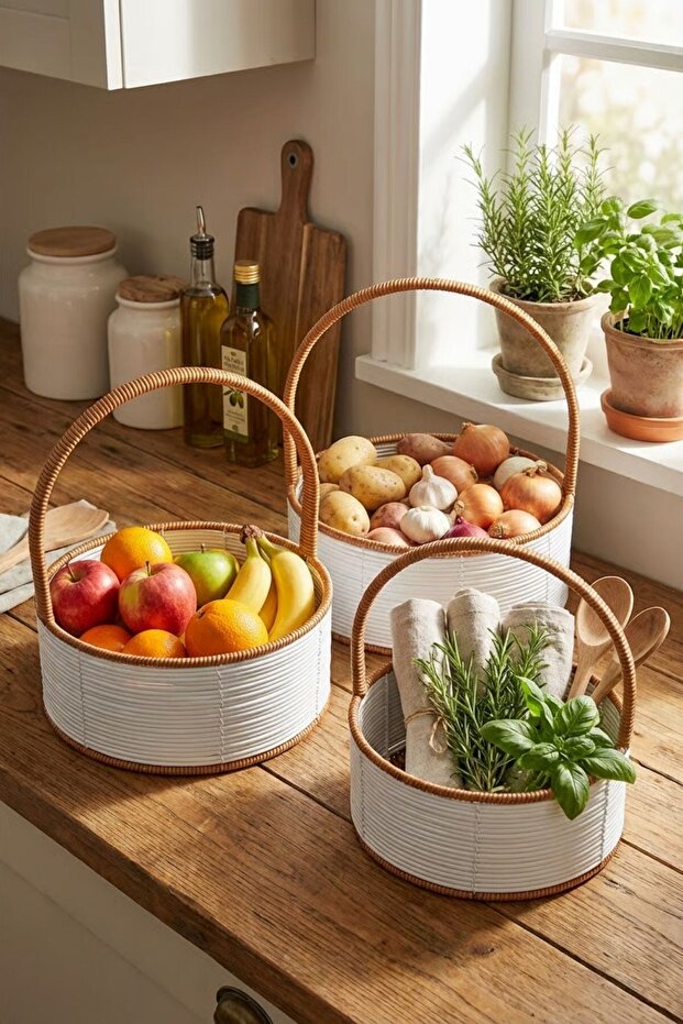 ®   3 سلال بلاستيكية متداخلة من الروطان - لون أبيض، مقبض بني، متعددة الأغراض، مسطحة - 1