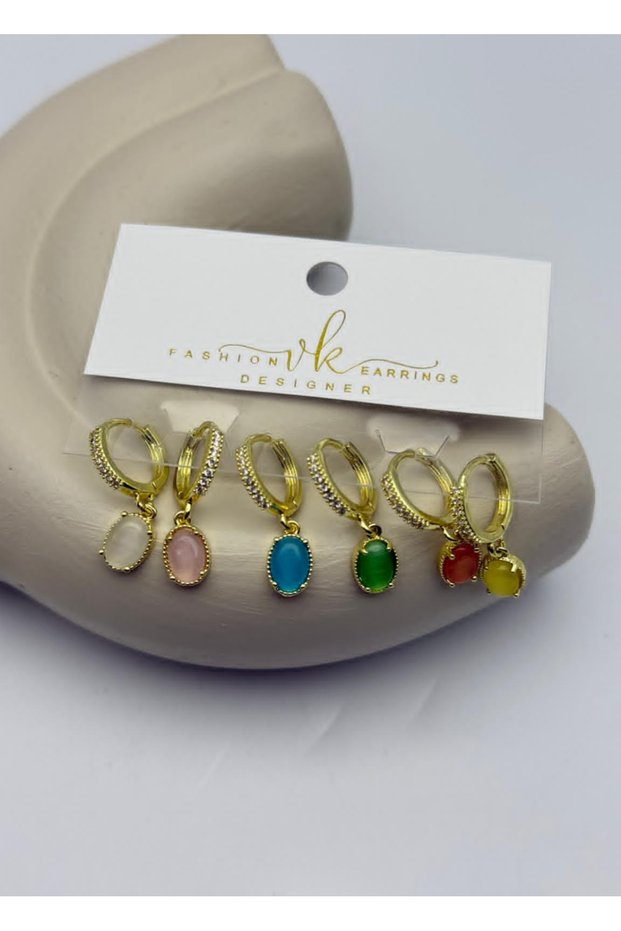Vip Gold Colorful Oval Stone Dangle Hoop Earrings Set of 6 - 26Vipkp68