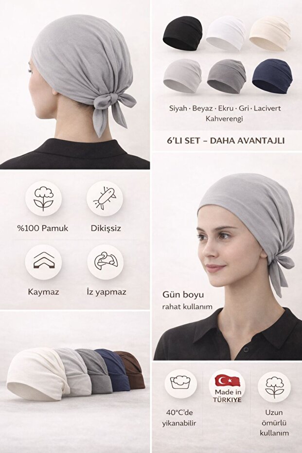 Cotton Seamless Tie-On Hijab Bonnet Set of 6 – Non-Slip, Comfortable All Day Long