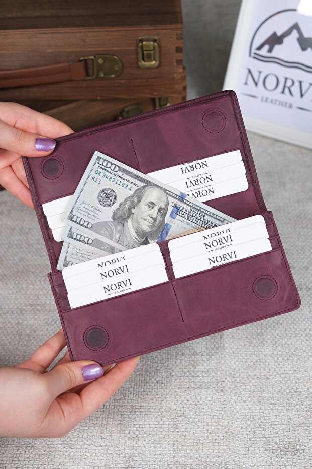 Wallet with Phone Compartment Genuine Leather Hand Grip Purple 1028