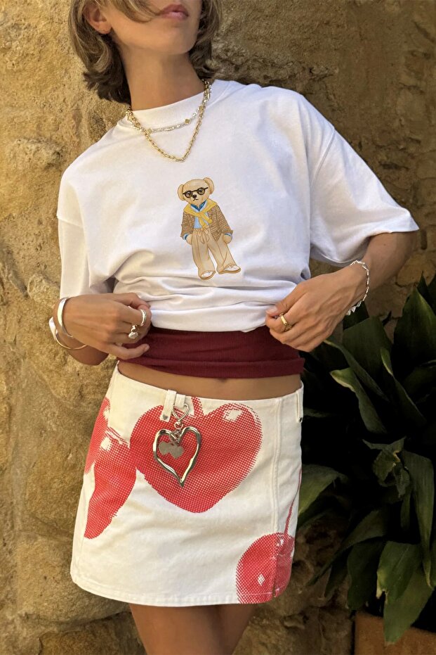 Women's Oversize T-Shirt Léo Bear Printed White – 100% Cotton Compact Single Jersey 24/1
