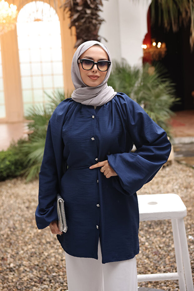 Navy Blue Balloon Sleeve Belted Shirt