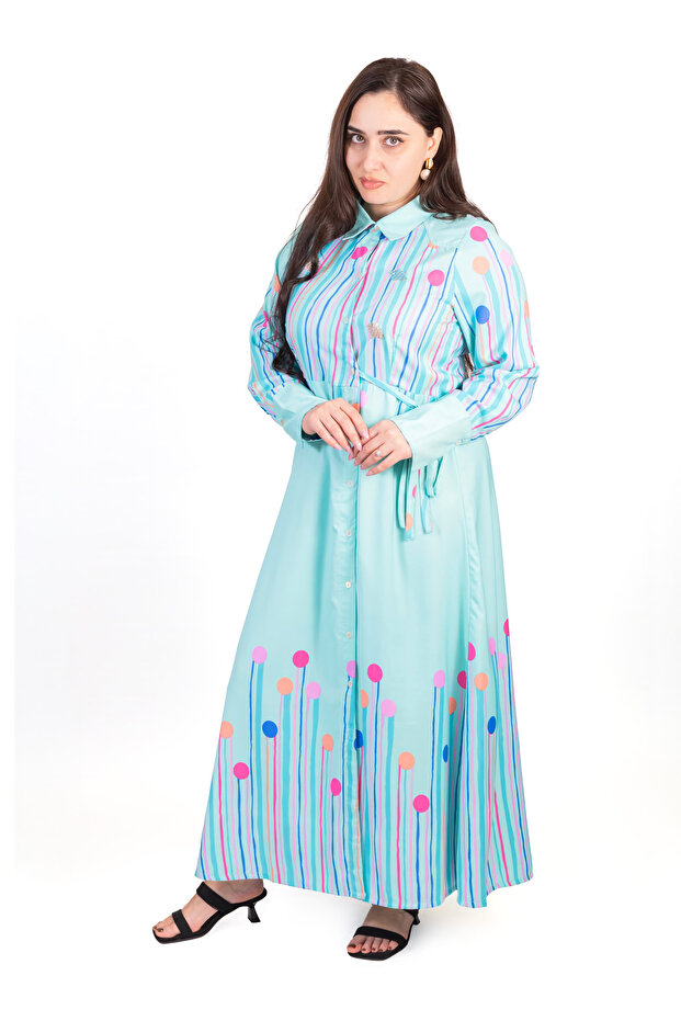 Blue Base Multicolor Stripe & Dot Printed Maxi Dress