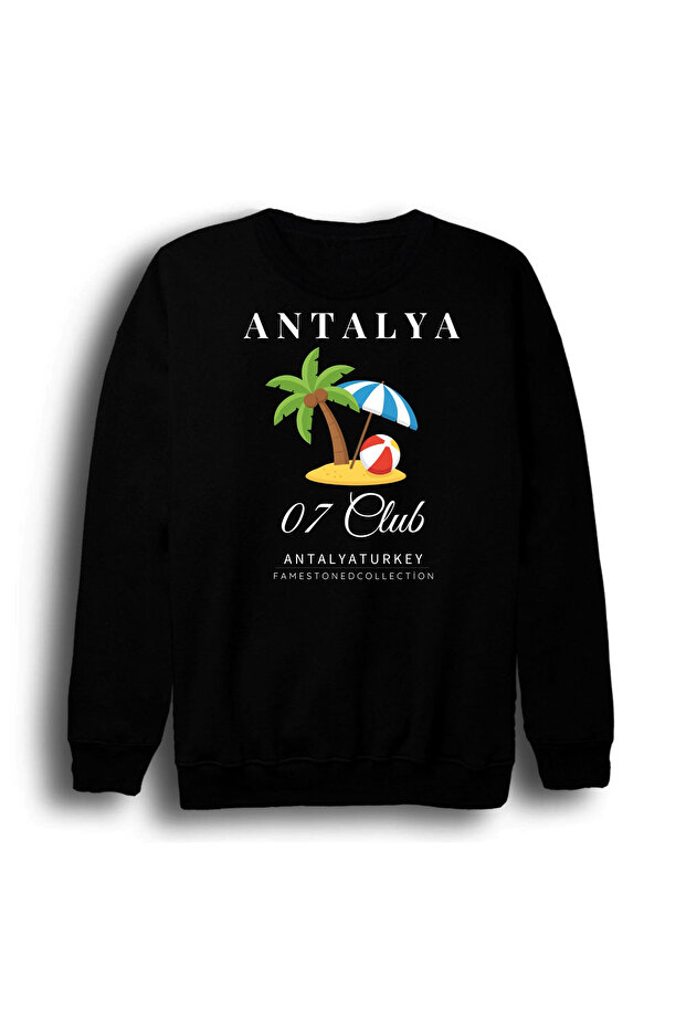 Antalya07Beachsahildenizplajsummervacation City Printed Unisex 100% Cotton Crew Neck Black Sweatshirt