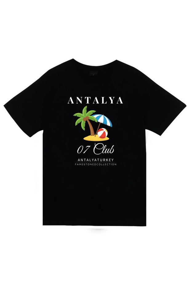 Antalya 07 Beach - Coast - Sea - Beach - Summer Vacation - City Printed Unisex 100% Cotton Black T-Shirt