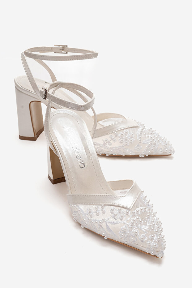 Women's Mirrored Beaded Mesh Open-Back Heeled Shoes Skin