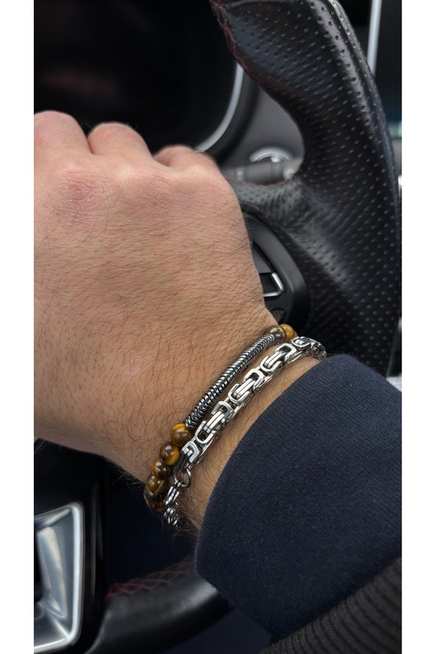 Special for Valentine's Day, Original Luxury Steel and Natural Stone Set of 2 Men's Design Bracelets