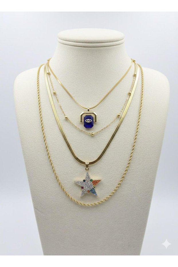316L Steel Gold 4-Piece Necklace Set - Tarnish-Resistant with Star & Eye Detail