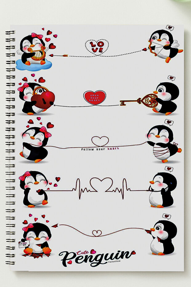 Penguen & Couple Themed A5 Metal Spiral Bound Unlined Thick Bristol Cover Penguen & Couple Themed