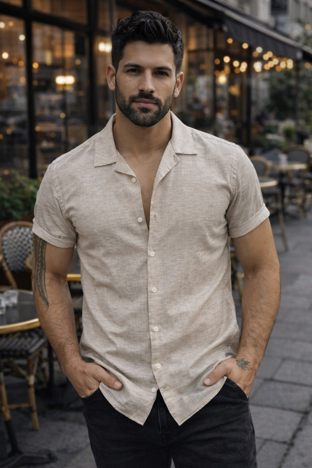 Slim Fit Short Sleeve Lapel Collar Summer Men's Shirt