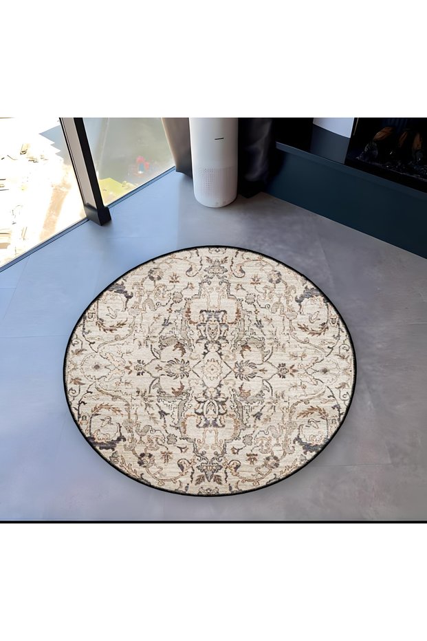 Beige Themed Traditional Patterned Round Woven Base Vintage Decorative Carpet 6105