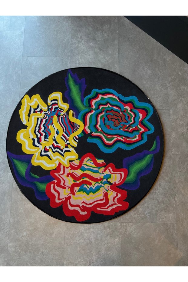 Black Multicolored Abstract Patterned Round Carpet Mira 1298