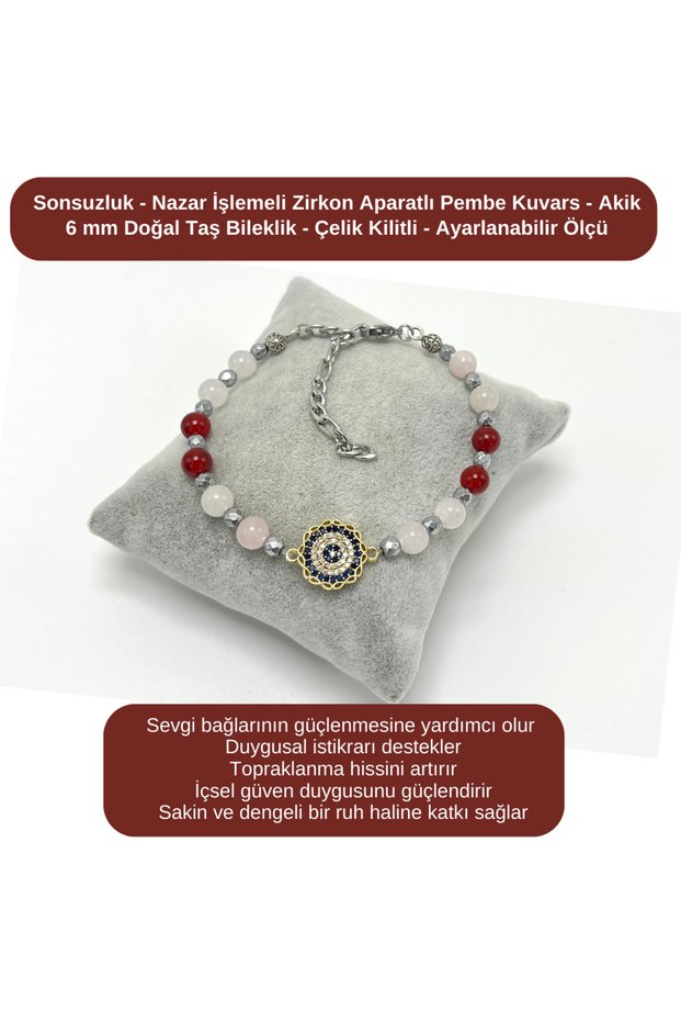 Certified Infinity and Evil Eye Engraved Zircon - Pink Quartz - Agate - 6mm Natural Stone Bracelet