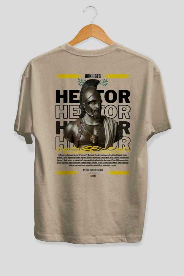 Hector 2 Mythology Back Printed Beige Oversize T-Shirt Men Women Cotton Crew Neck Tshirt