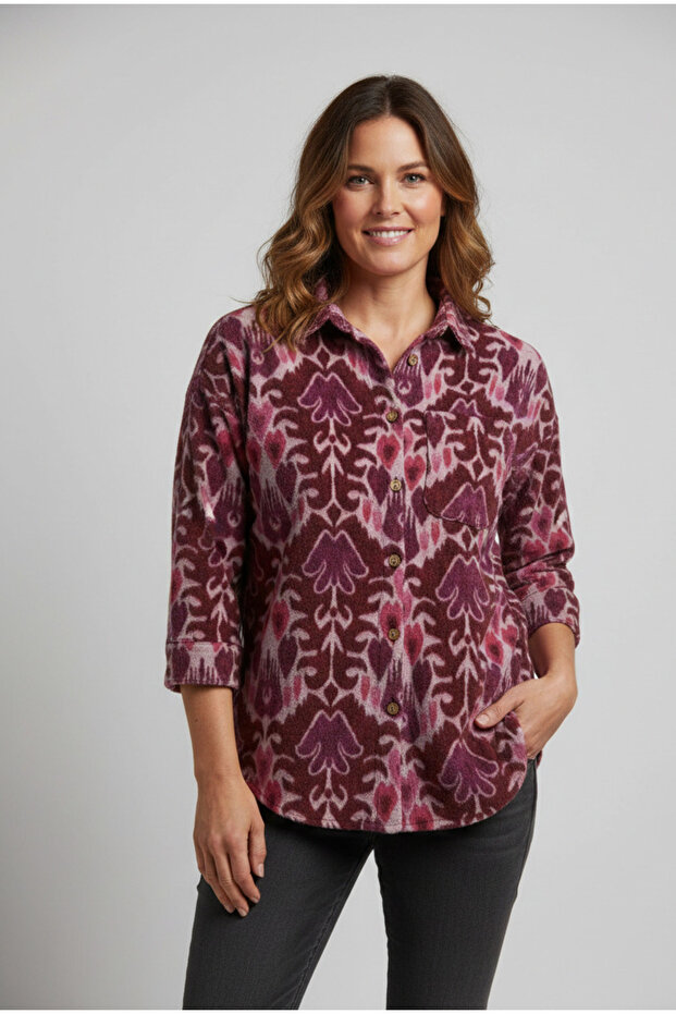 Women's Single Pocket 4/3 Sleeve Ethnic Patterned Thick Lumberjack Jacket Shirt