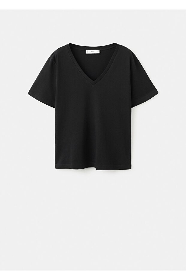 V yakalı pamuklu tişört - 3