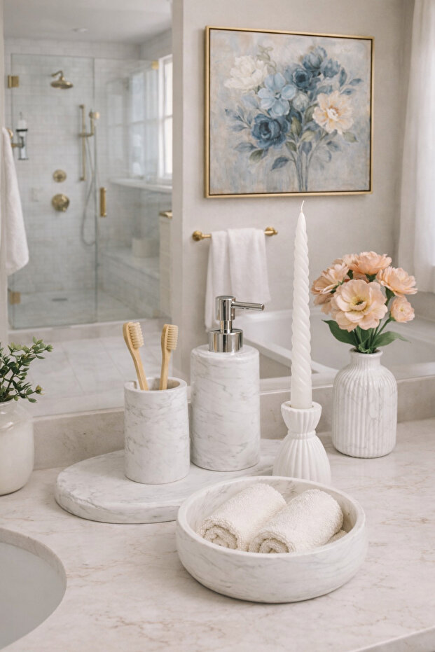 Marble Patterned Concrete 6-Piece Bathroom Wc Set Liquid Soap Dispenser Toothbrush Holder Candle Holder Vase Decorative