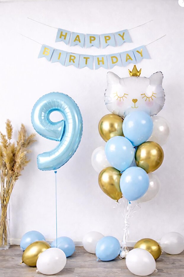9 Year Old Cat Themed Birthday Balloon Set – Blue Gold Concept