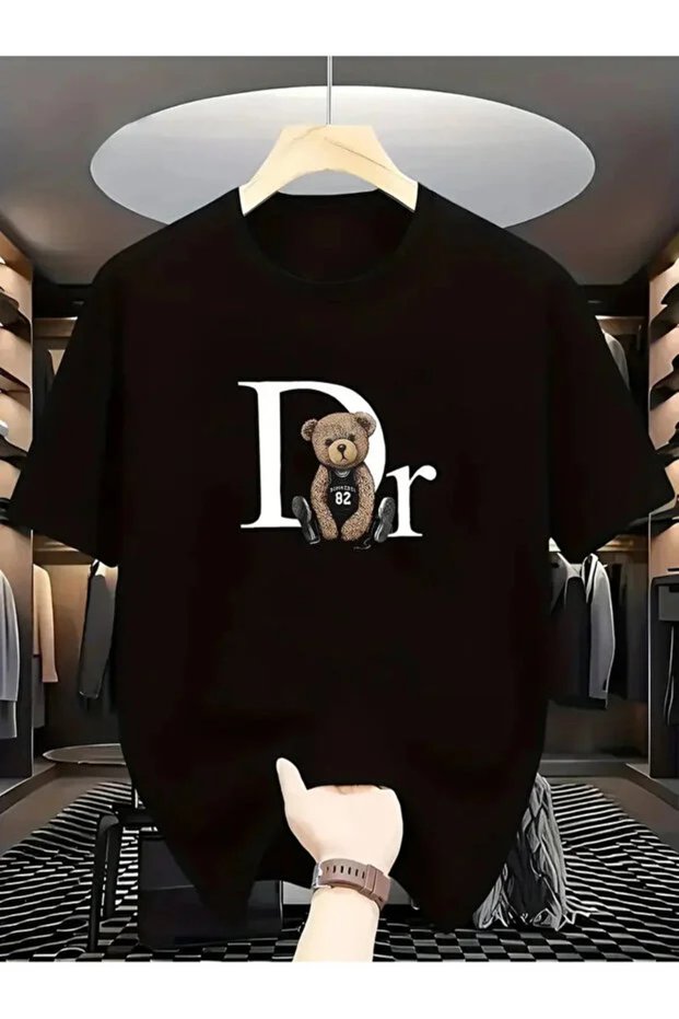 Unisex Oversize Printed Cotton Crew Neck Short Sleeve Black T-Shirt Dior