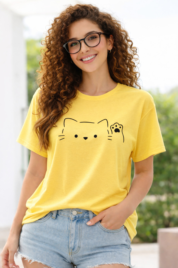 Hello Cat Paw Printed Cotton Relaxed Fit Round Neck Unisex T-Shirt