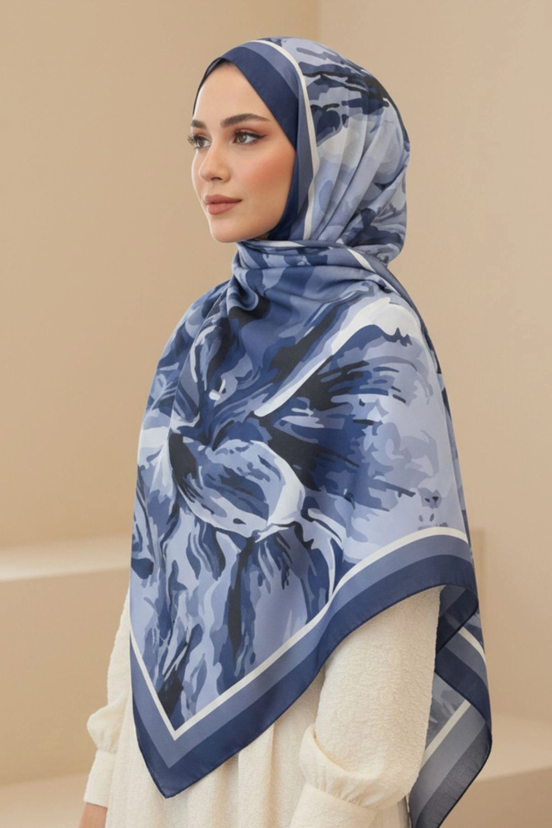 Women's Navy Blue Framed Large Floral Patterned Cotton Soft Textured Seasonal Shawl